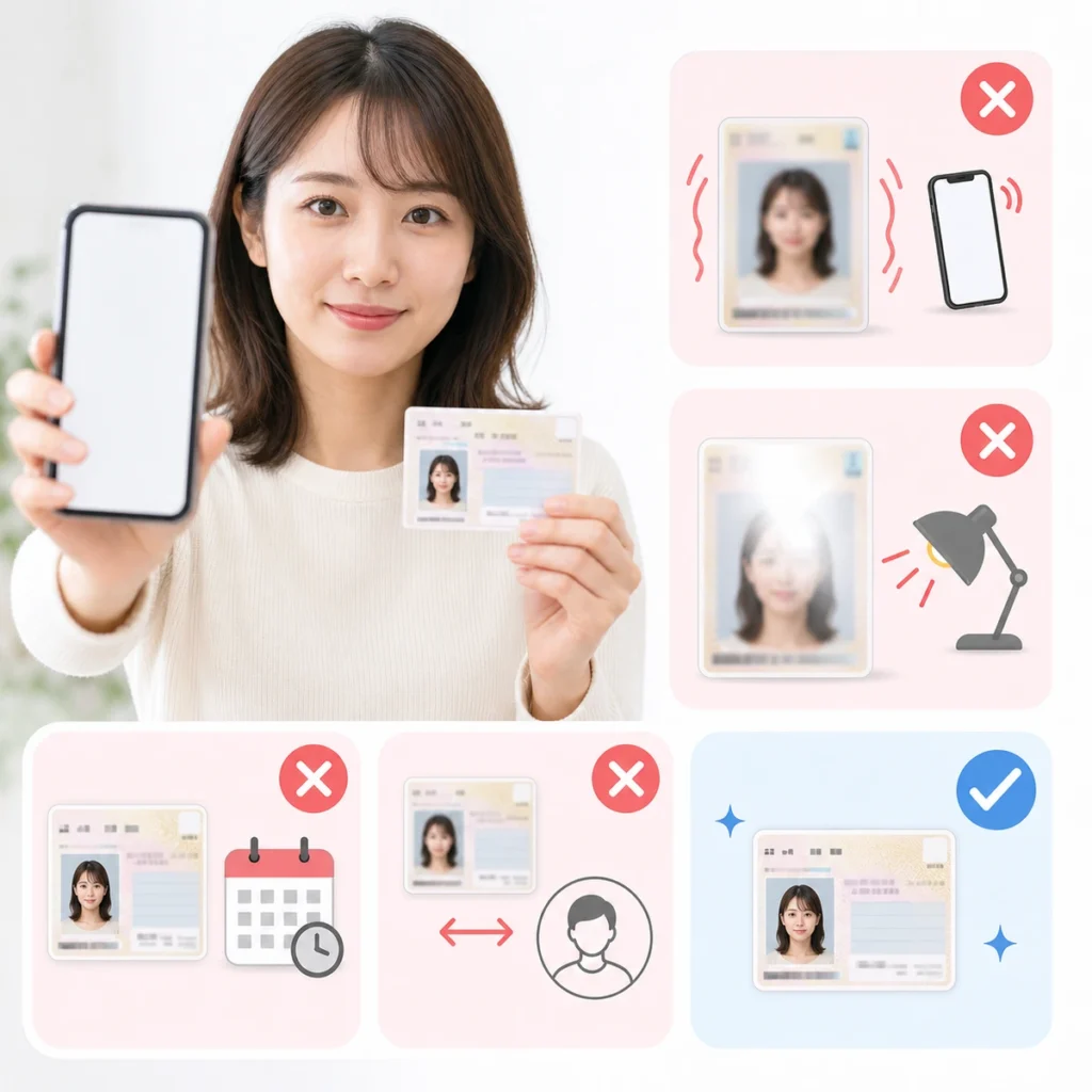 本人確認に通らない原因を手ブレ、反射、有効期限、入力不一致から見直す成人女性の図解