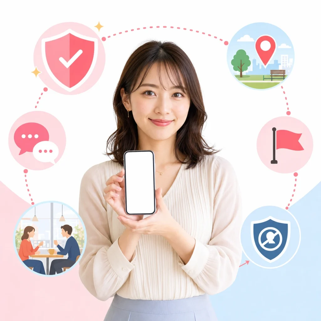 本人確認後もアプリ内連絡、人目のある初デート、通報機能で安全対策を続ける成人女性の図解
