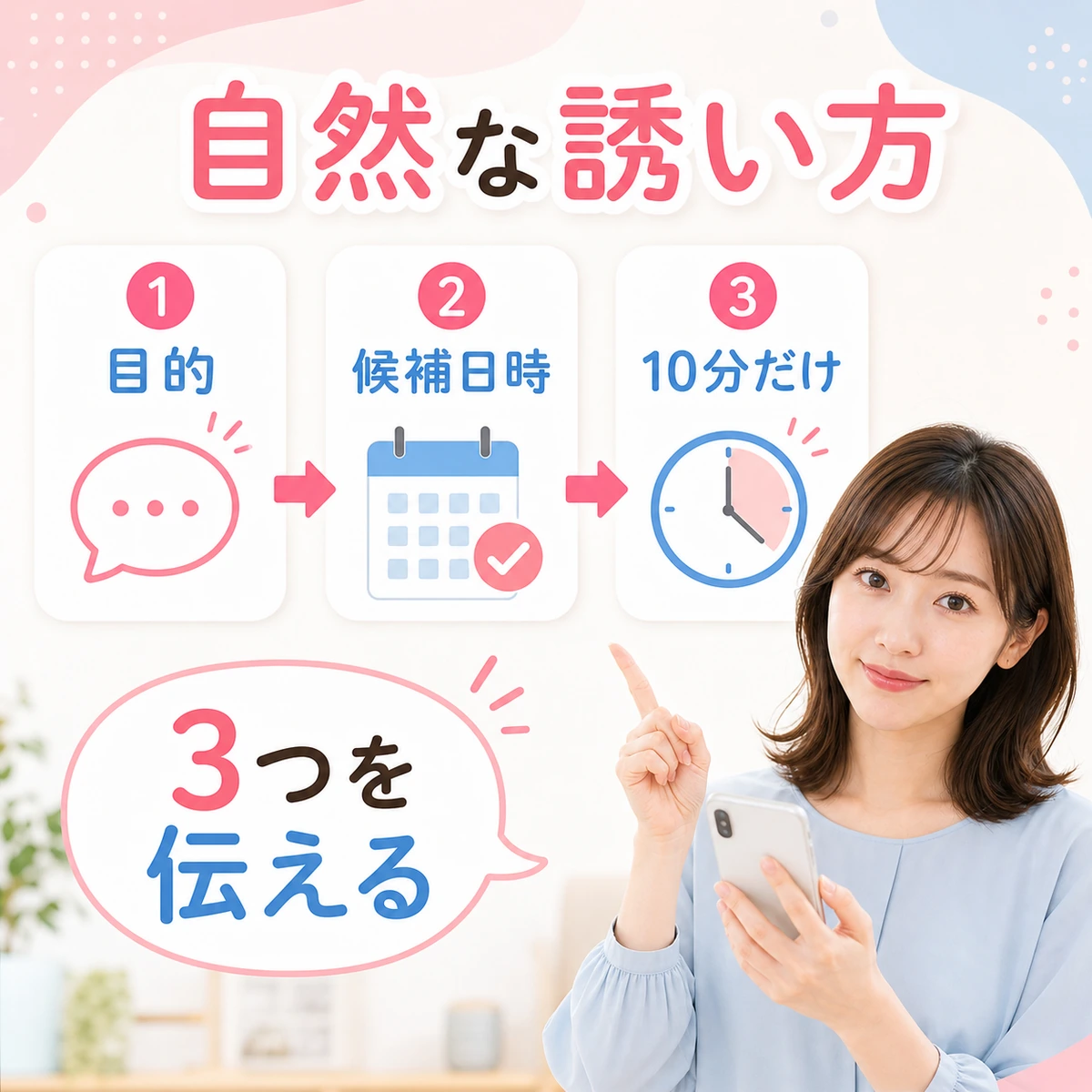 マッチングアプリの電話の誘い方を、通話のタイミングと例文で示す成人女性の図解