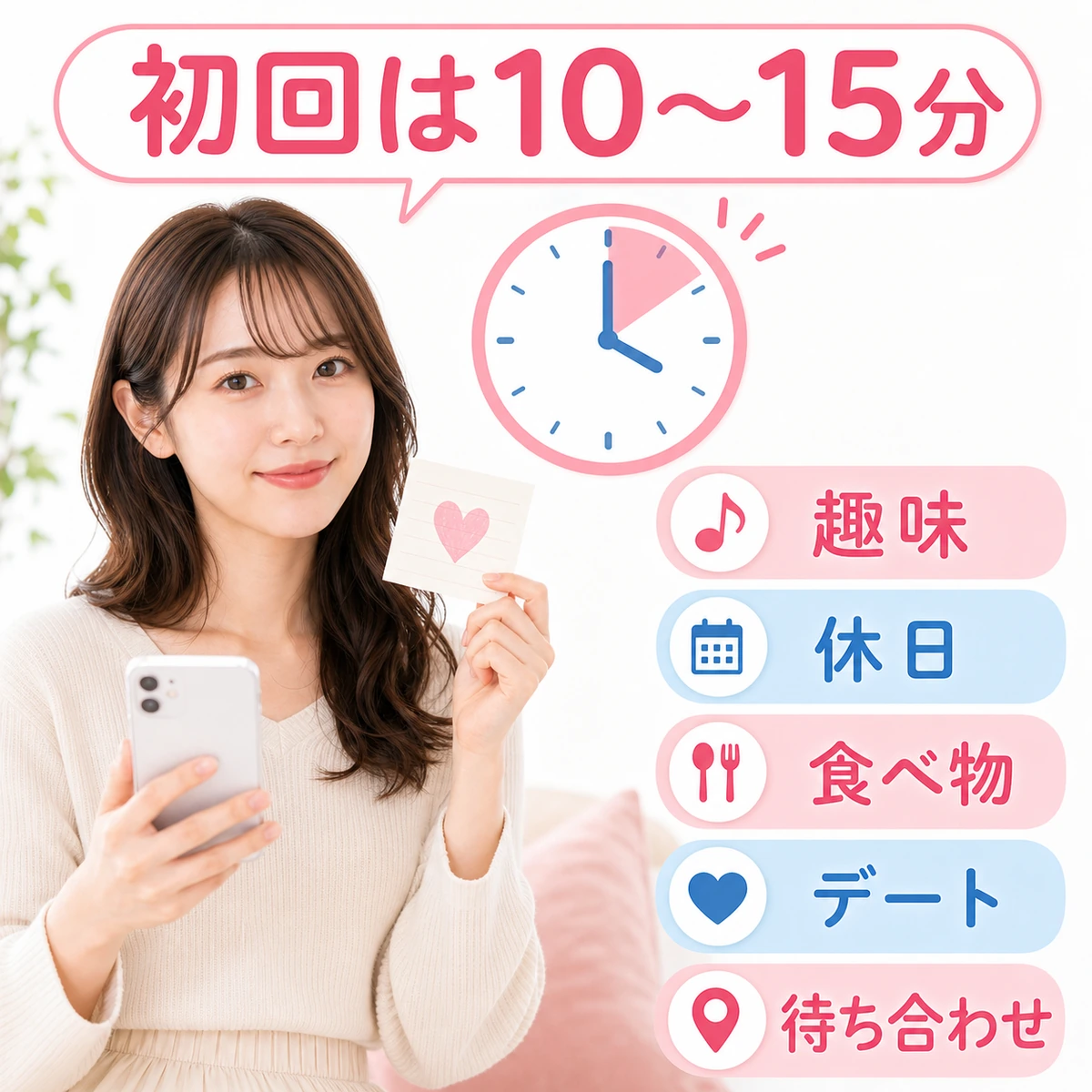 初回通話の通話時間と会話の話題を準備する成人女性の図解