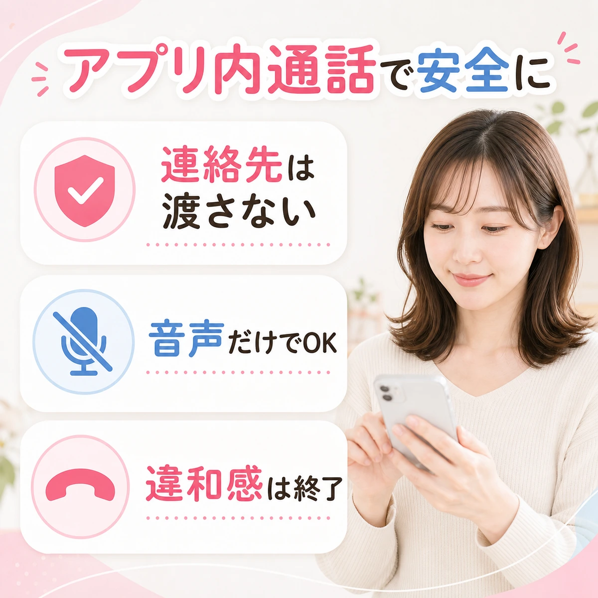 ワクワクメールのランダム通話とアプリ内通話で個人情報を守る成人女性の図解