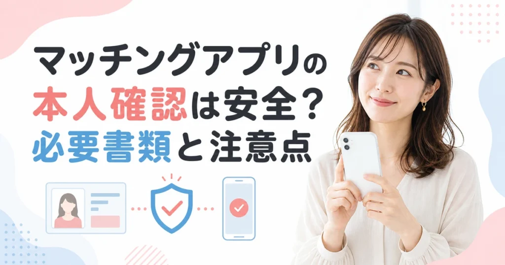 マッチングアプリの本人確認で安全性、必要書類、年齢確認、マイナンバーカードを確認する成人女性の図解