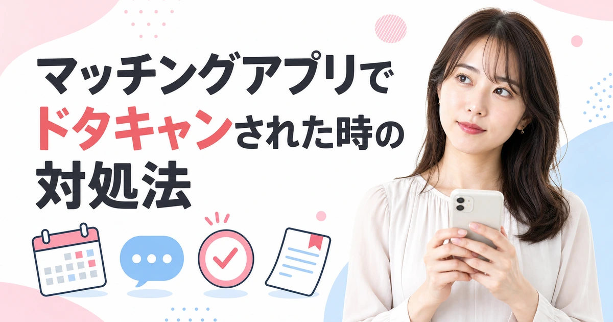 マッチングアプリでドタキャンされた女性が、当日の対処法・返信例文・リスケ判断・違反報告・キャンセル料を確認する図解