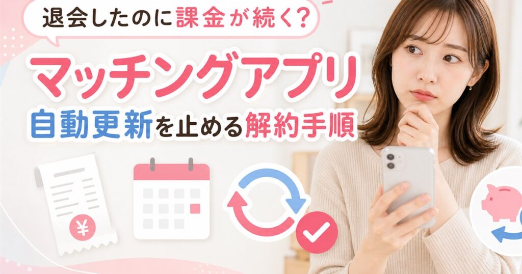 マッチングアプリの退会後に課金が続く原因と、自動更新・解約・返金をスマホで確認する女性のイメージ
