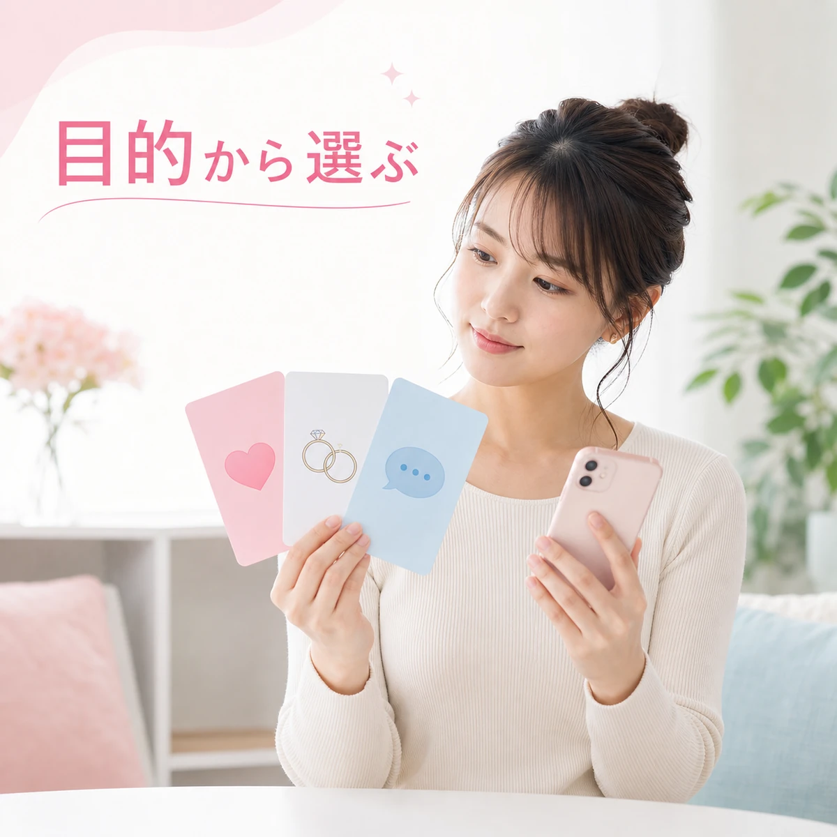 スマホを見ながら恋活・婚活・友達探しの違いを比べる成人女性の図解。マッチングアプリ初心者とアプリの選び方を表現