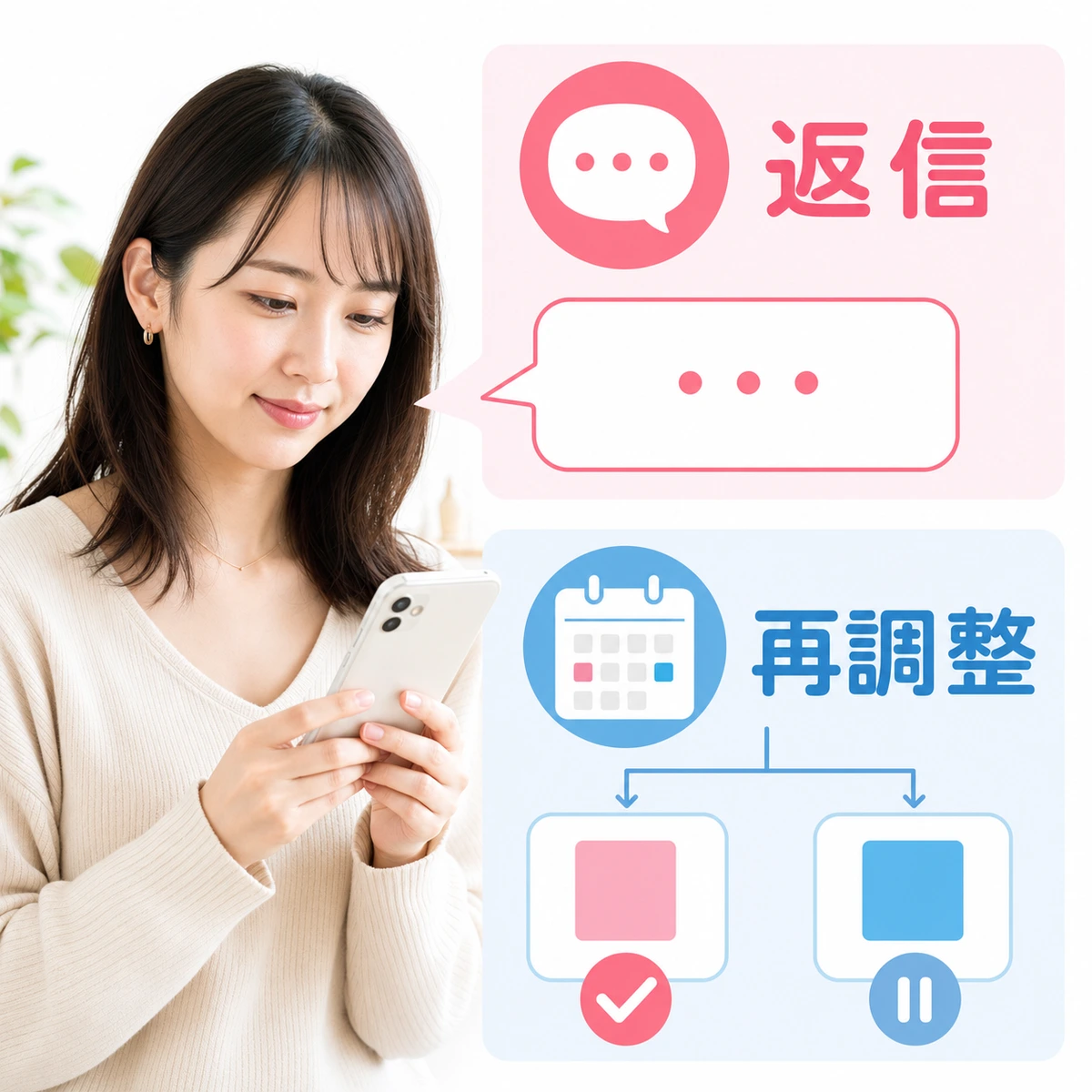 ドタキャン後の返信例文とリスケの見極め方をスマホで確認する成人女性の図解