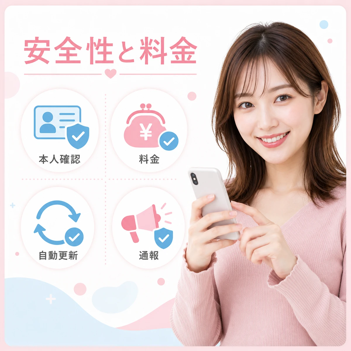 本人確認・料金・通報機能をスマホで確認する成人女性の図解。マッチングアプリの安全性と登録前チェックを表現