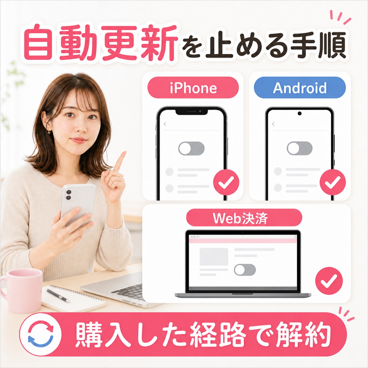 マッチングアプリの自動更新とサブスク解約をスマホで確認する女性のイメージ
