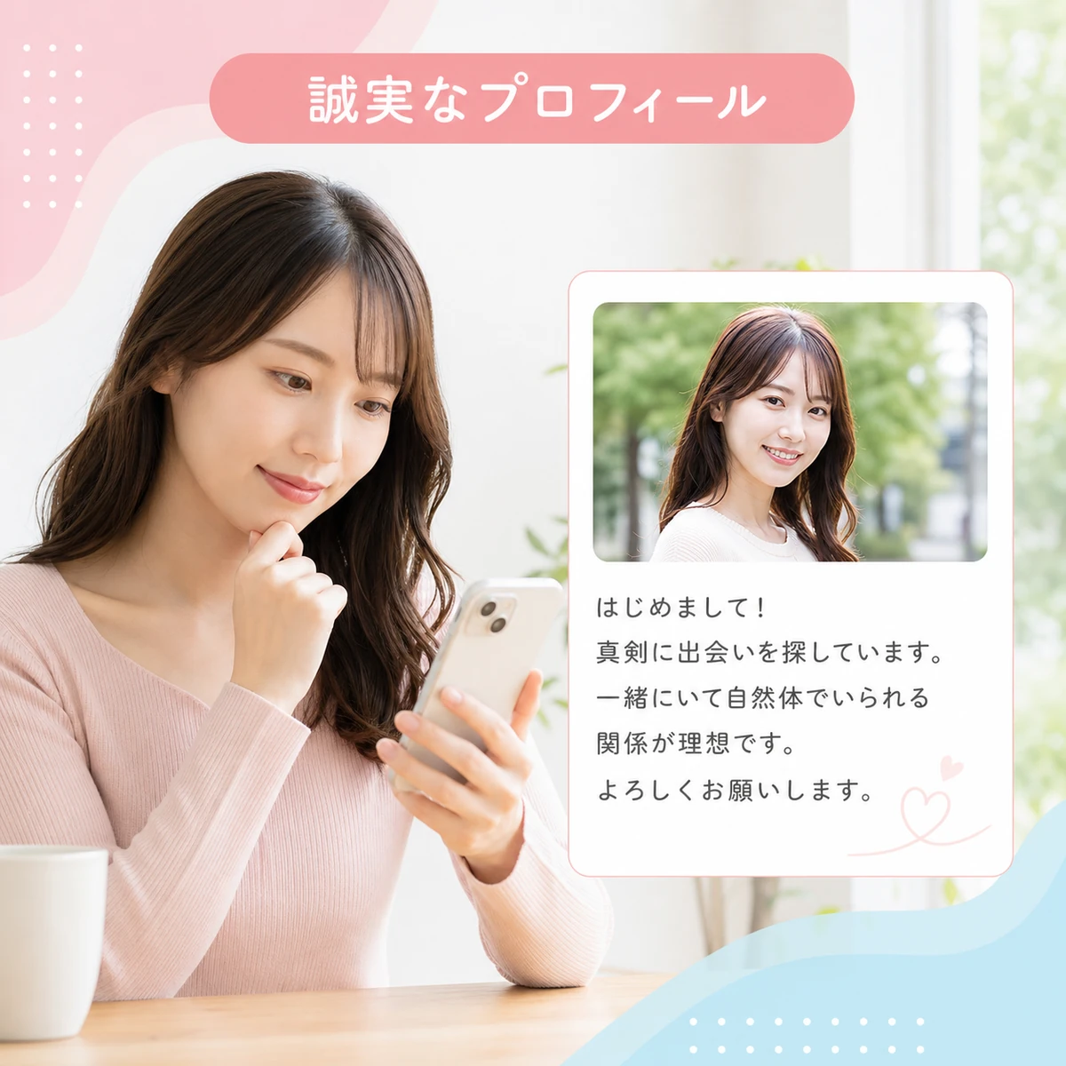 自然光のプロフィール写真と自己紹介文を見直す成人女性の図解。マッチングアプリ初心者のプロフィール作成を表現