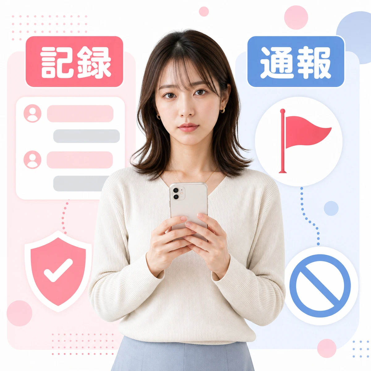 悪質なドタキャンの違反報告とブロックの判断を確認する成人女性の図解