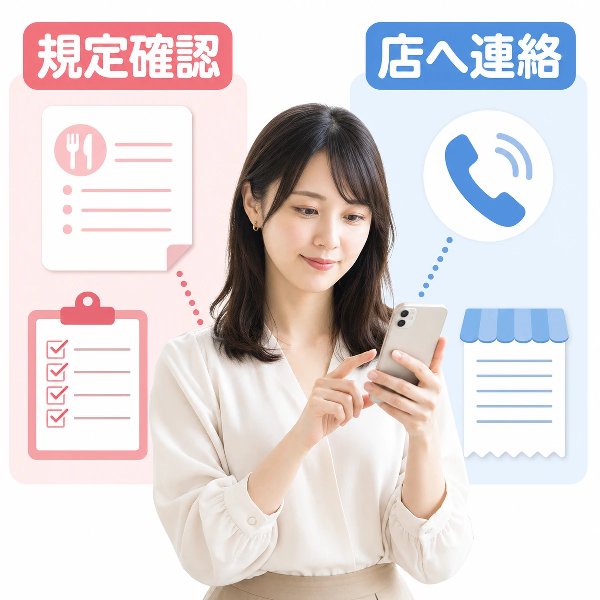 飲食店予約のキャンセル料と支払い確認を落ち着いて行う成人女性の図解