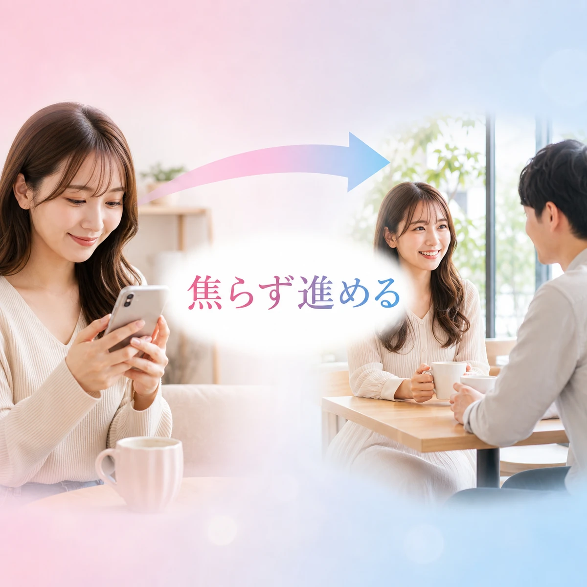 アプリ内メッセージから昼のカフェでの初デートへ進む成人女性の図解。やりとりと会う前の注意点を表現