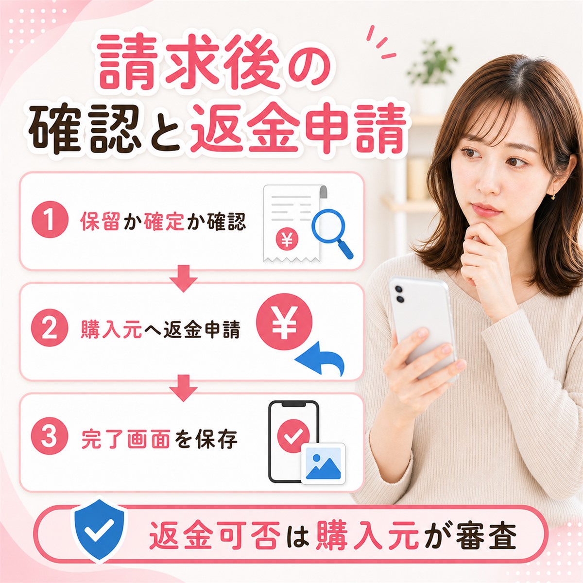 退会後の請求を確認し、返金申請先と課金トラブルの相談先を探す女性のイメージ