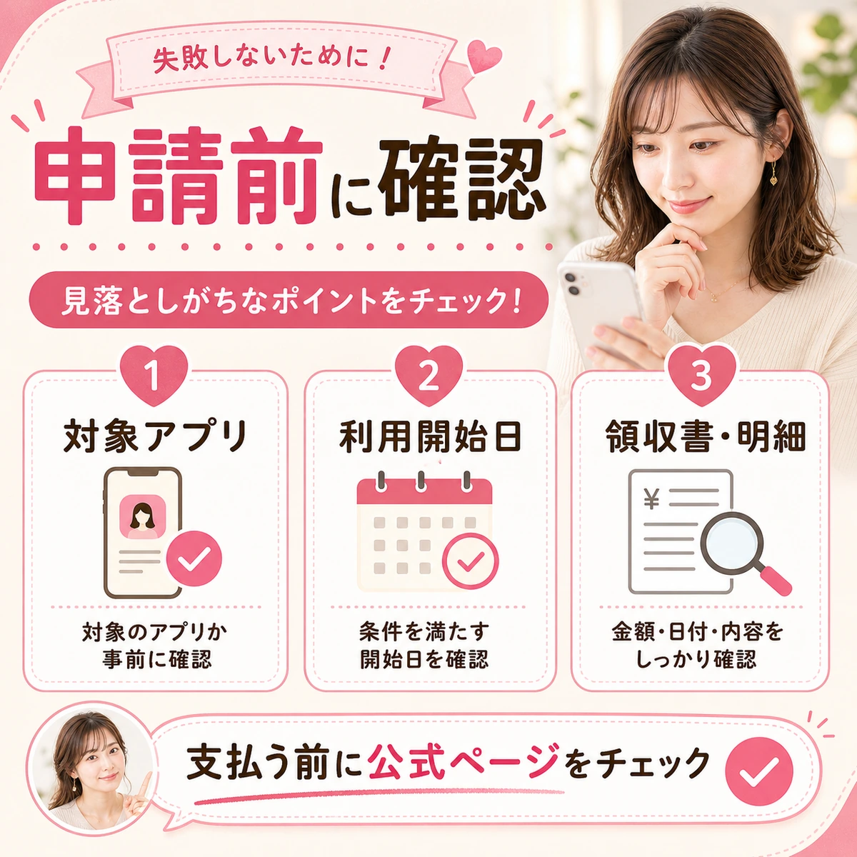 対象アプリと利用開始日と領収書を申請前に確認する図