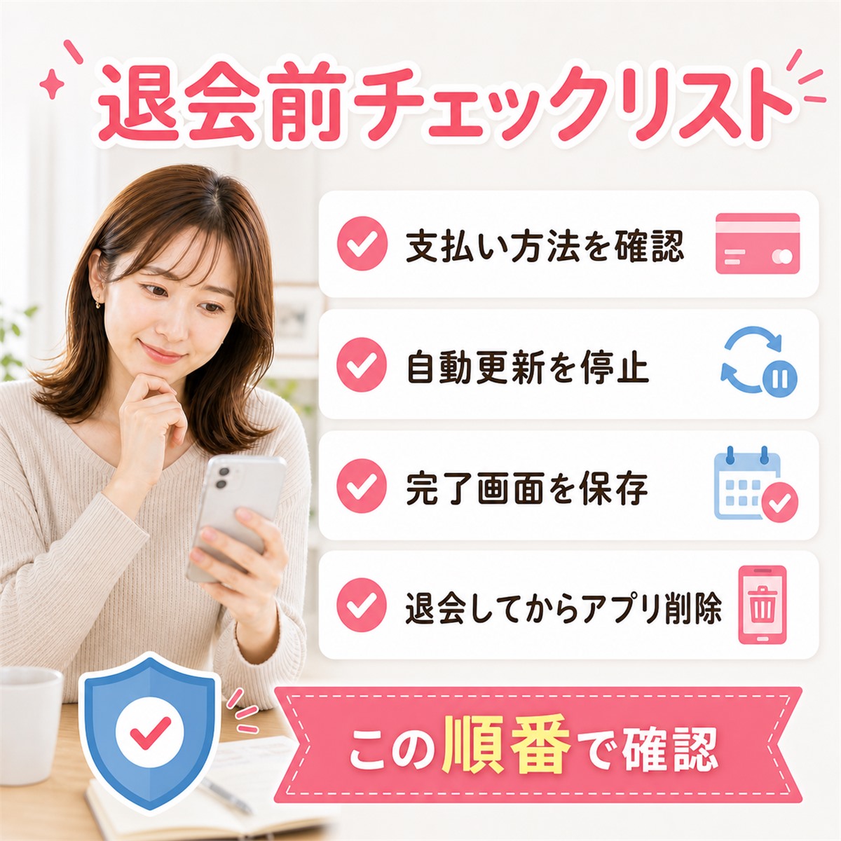 マッチングアプリの解約確認と退会前チェックリストを見直す女性のイメージ