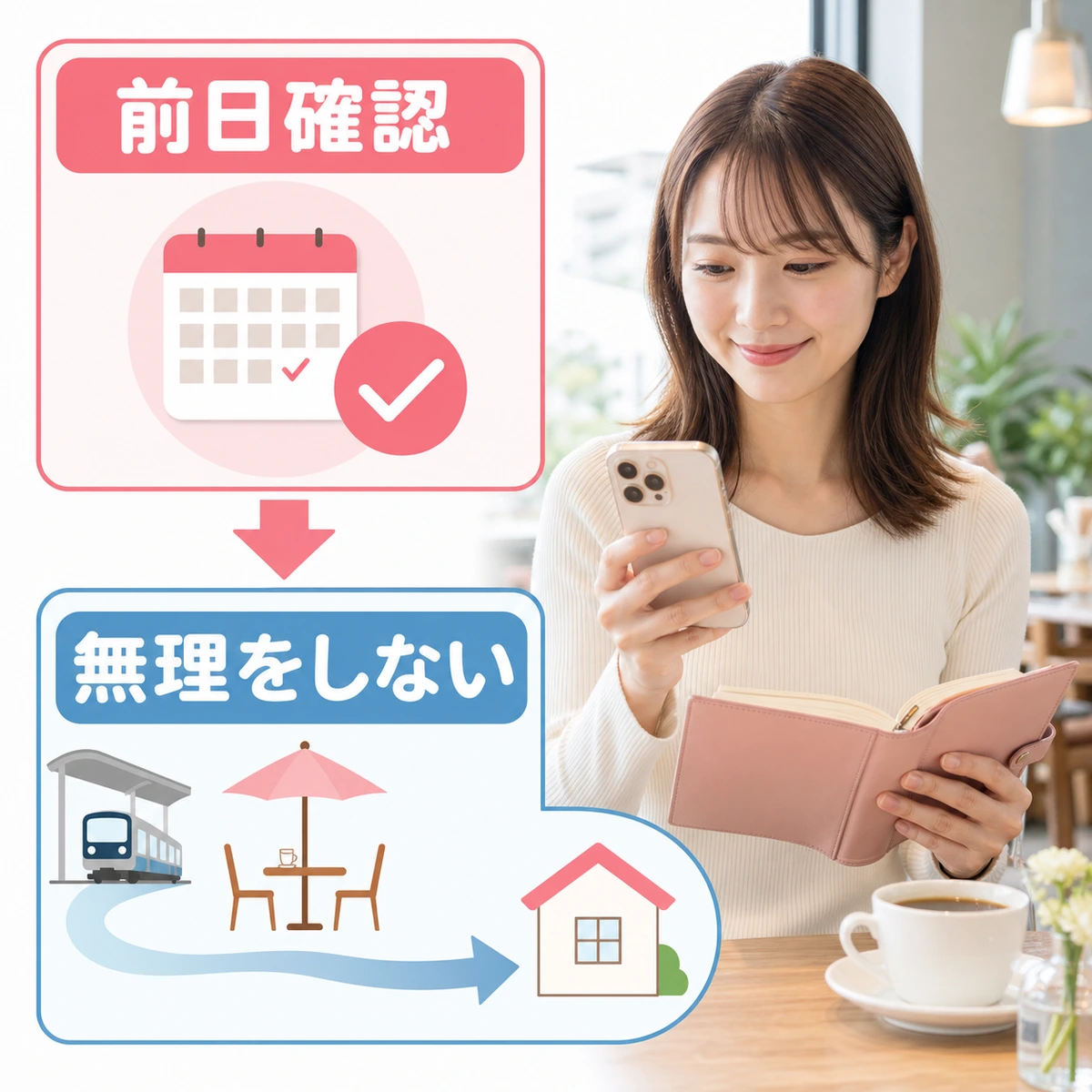 ドタキャン予防の前日確認と安全な待ち合わせをチェックする成人女性の図解
