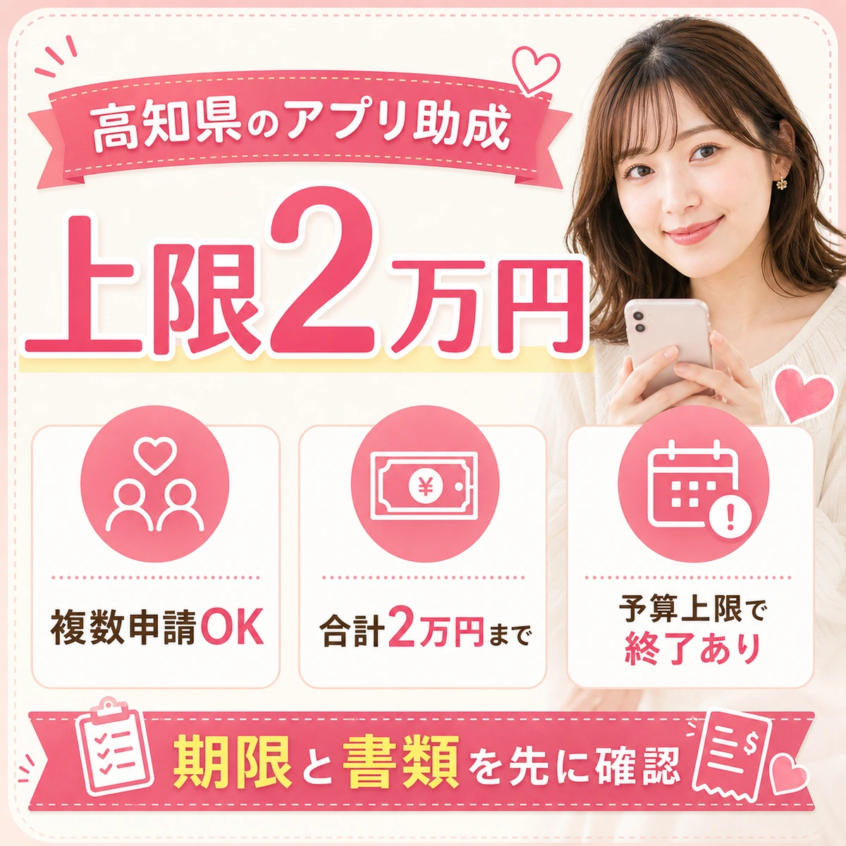 高知県のアプリ助成上限2万円と複数申請と予算終了条件を示す図